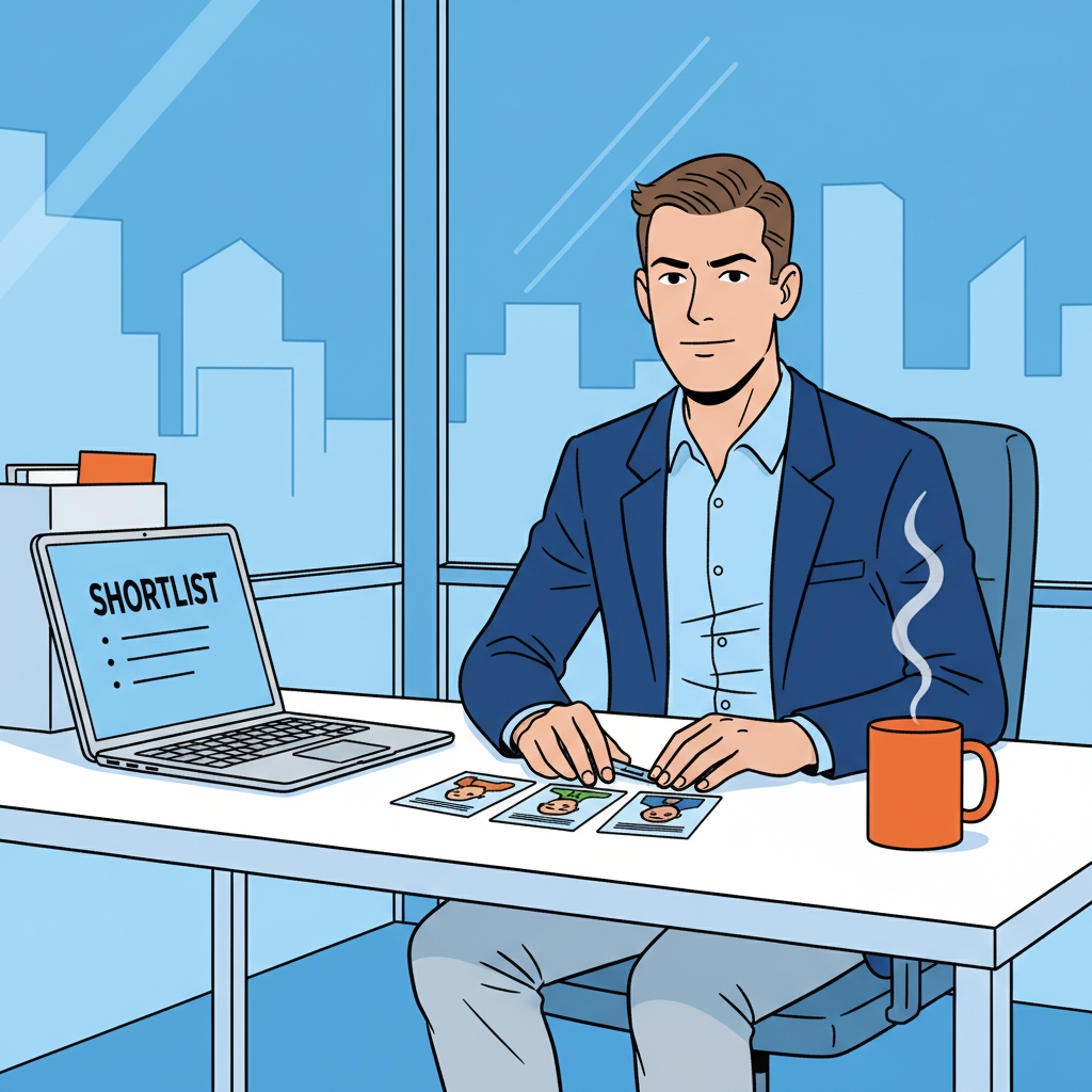 Fintech founder reviewing executive candidate shortlist